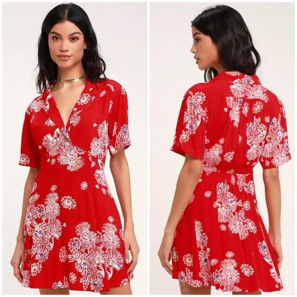 Free People Blue Hawaii Red Floral Print Mini Dress Size Small Bohemian - Picture 9 of 9